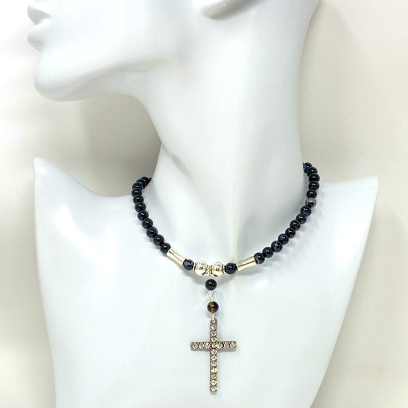 Hand Crafted Jewelry - Sparkling cross crucifix necklace with black jasper 18.75” adjustable to 16.25”